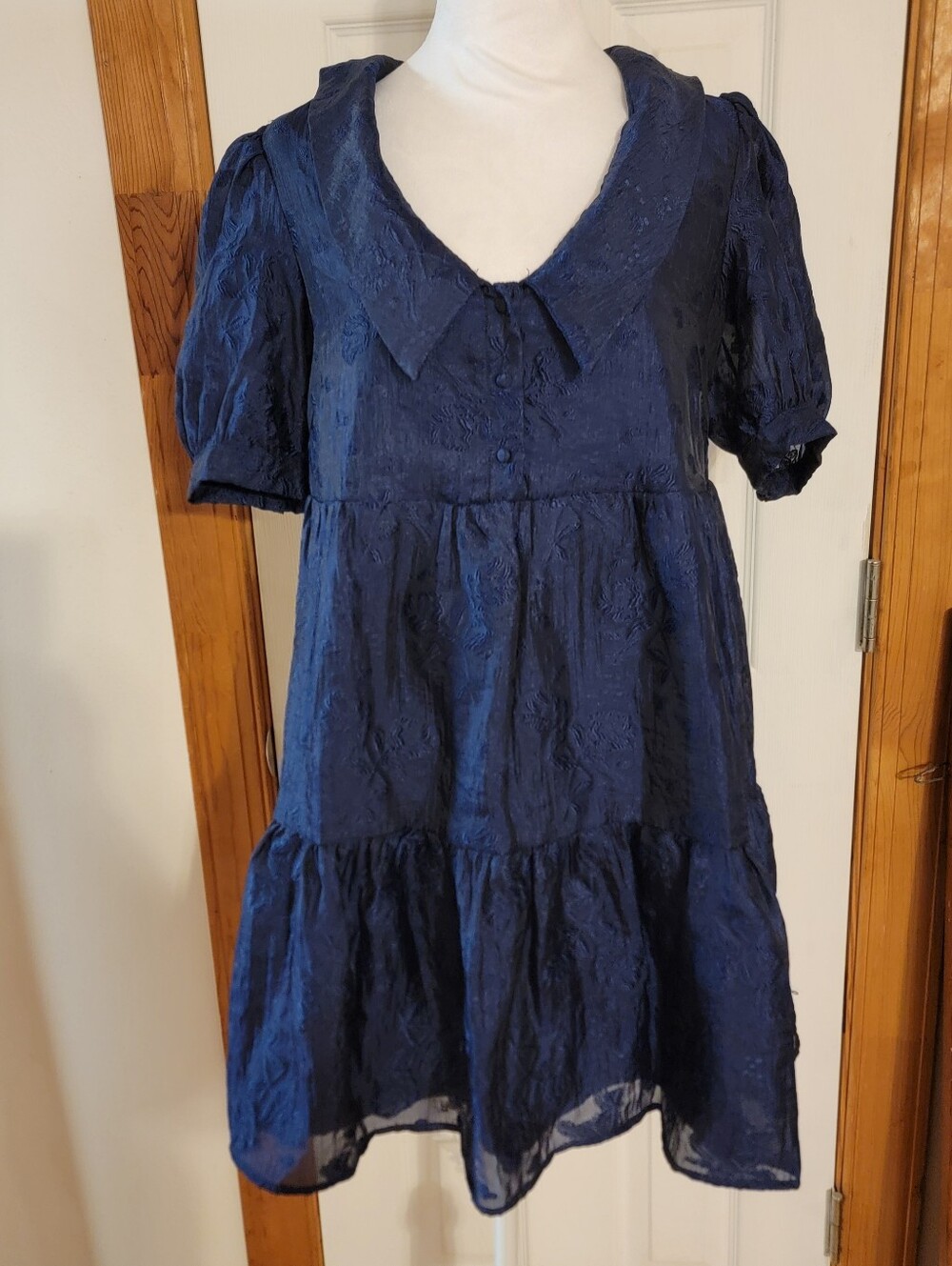 Sugar Lips navy blue babydoll dress wide lapel short puff sleeves Tiered Shear S